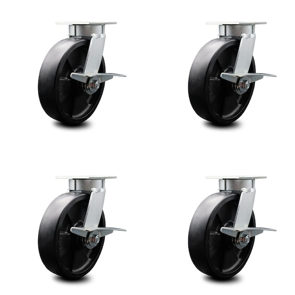 8 Inch Kingpinless Glass Filled Nylon Wheel Swivel Caster Set with Brakes SCC